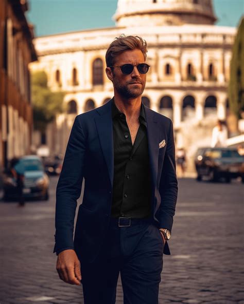 navy suit with black shirt